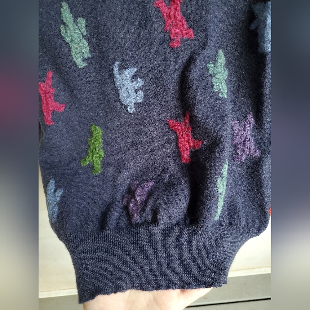 Bosco Fresh 100% Wool Multicolored Graphic Dino Pattern Navy Crewneck Sweater - Picture 8 of 14